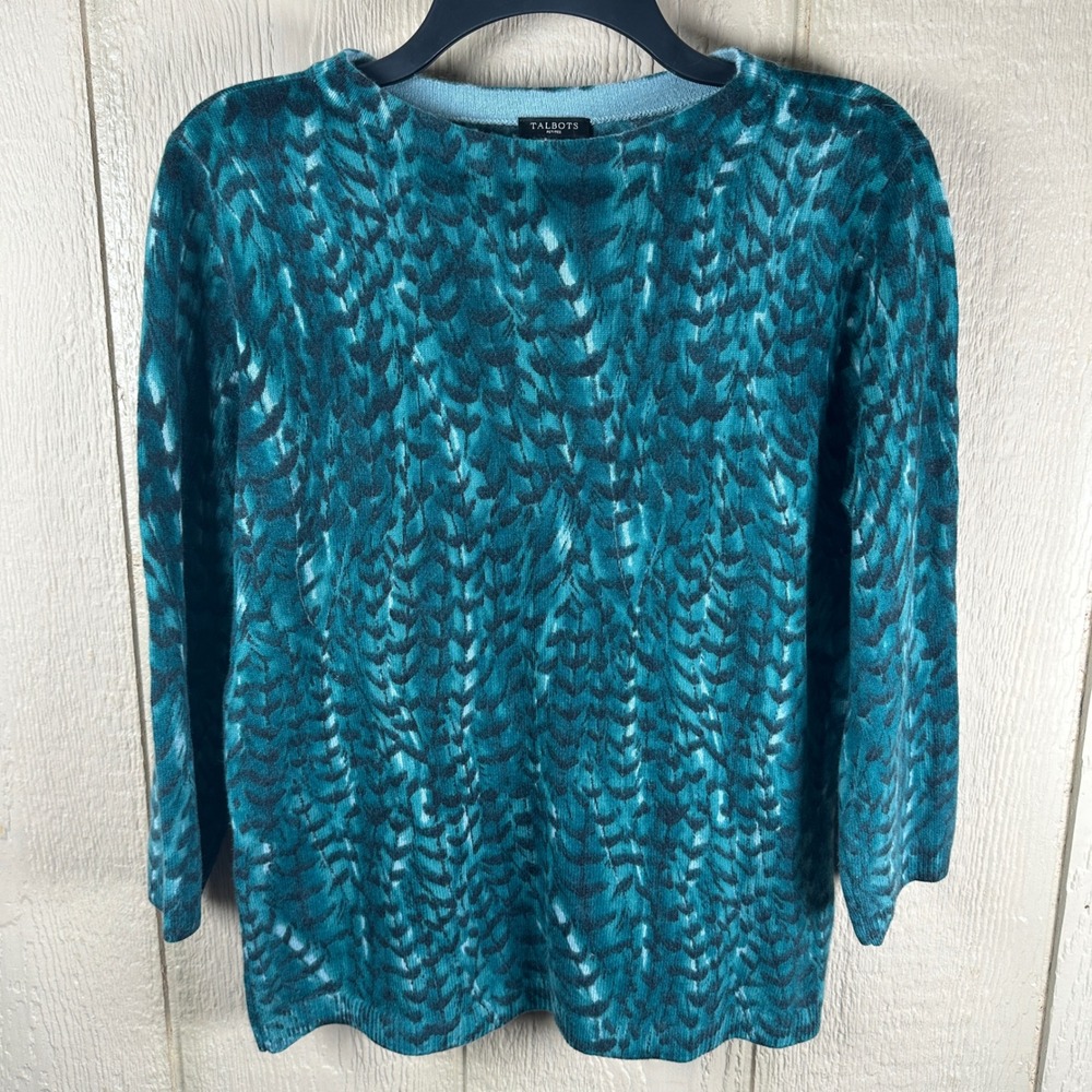 Talbots Cashmere Sweater Womens LP Teal Blue Abstract Print 3/4 Sleeve Pullover